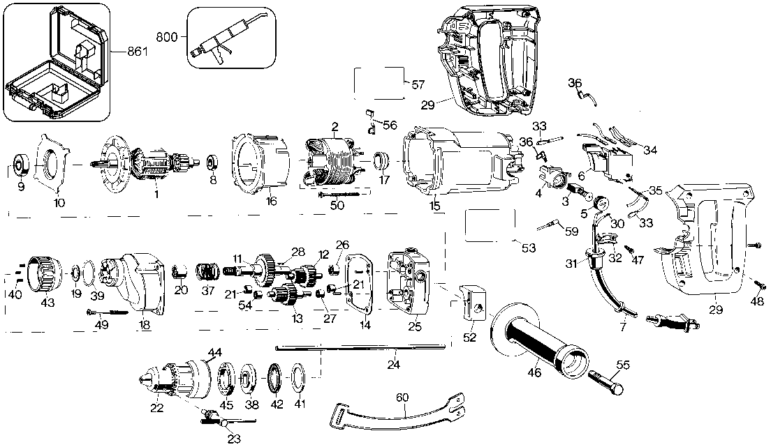 Default Diagram and Parts List for 5036K Type 100 Black and Decker Boring Machine